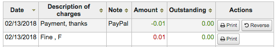 Screenshot of Koha patron fines and PayPal transaction